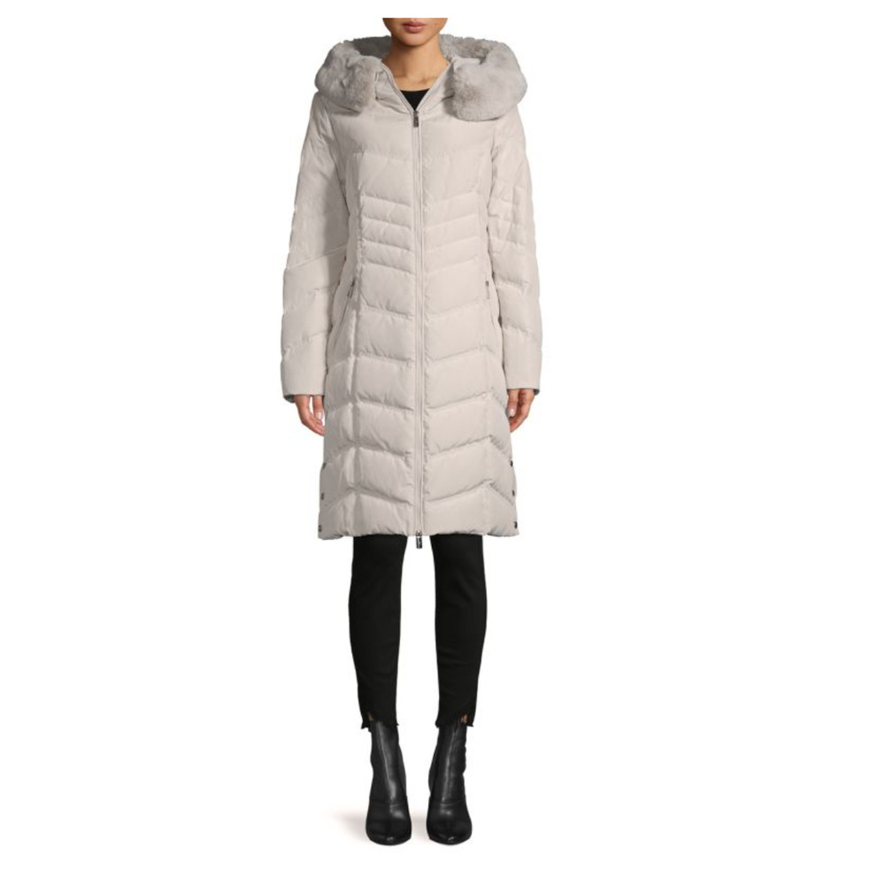 KARL LAGERFELD CREAM DOWN HOODED COAT; SIZE XS